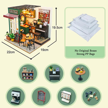 DIY 3D Puzzles Wooden Toy Miniature Dollhouse Handmade Doll House Model Building Kits Coffee House Toys for Xmas Gifts