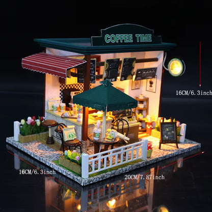 DIY 3D Puzzles Wooden Toy Miniature Dollhouse Handmade Doll House Model Building Kits Coffee House Toys for Xmas Gifts