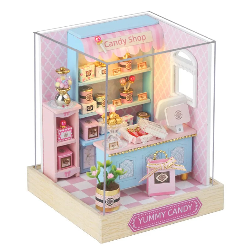 DIY 3D Puzzles Wooden Toy Miniature Dollhouse Handmade Doll House Model Building Kits Coffee House Toys for Xmas Gifts