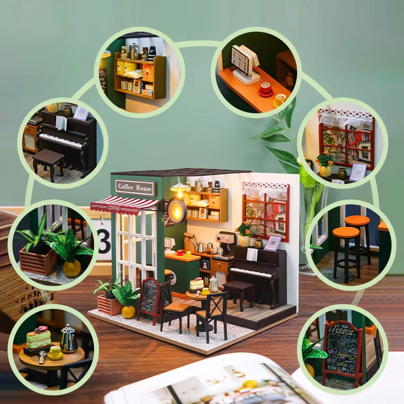 DIY 3D Puzzles Wooden Toy Miniature Dollhouse Handmade Doll House Model Building Kits Coffee House Toys for Xmas Gifts