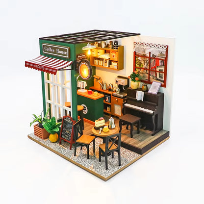 DIY 3D Puzzles Wooden Toy Miniature Dollhouse Handmade Doll House Model Building Kits Coffee House Toys for Xmas Gifts