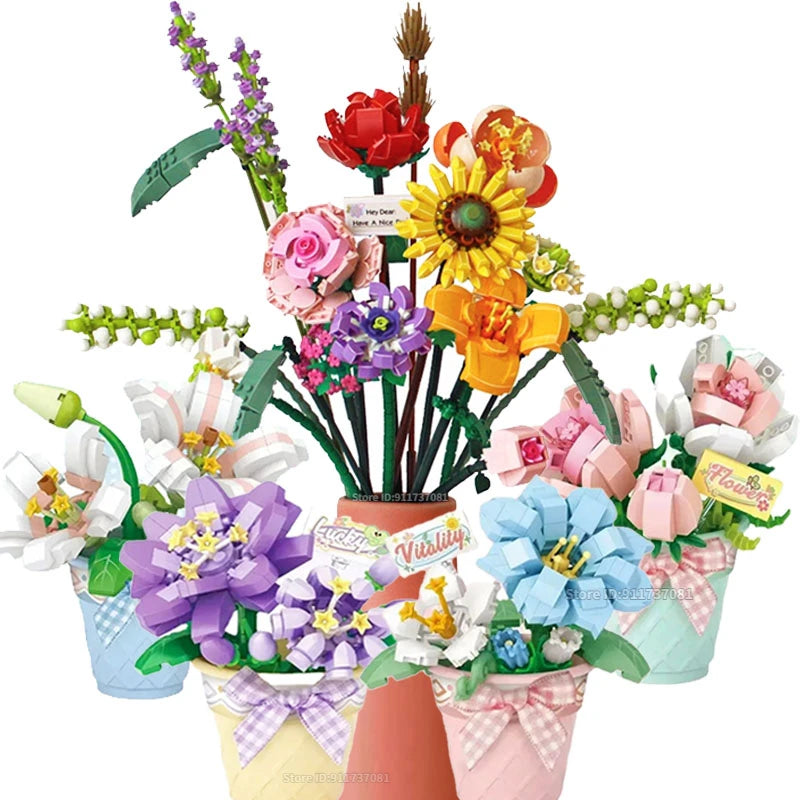 Flowers Bricks Bouquet Building Blocks Toys for Birthday Gift Room Decor Botanical Set Valentine'S Day Rose Friends Kids Adults