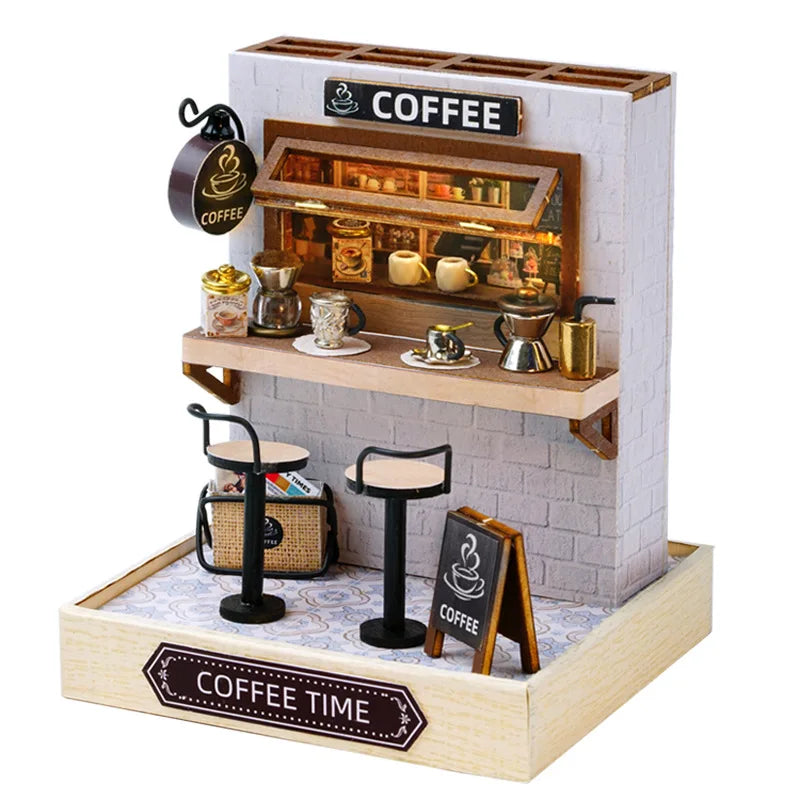 DIY 3D Puzzles Wooden Toy Miniature Dollhouse Handmade Doll House Model Building Kits Coffee House Toys for Xmas Gifts