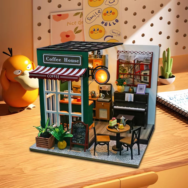 DIY 3D Puzzles Wooden Toy Miniature Dollhouse Handmade Doll House Model Building Kits Coffee House Toys for Xmas Gifts