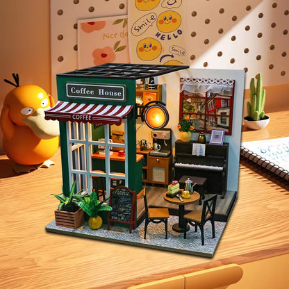 DIY 3D Puzzles Wooden Toy Miniature Dollhouse Handmade Doll House Model Building Kits Coffee House Toys for Xmas Gifts