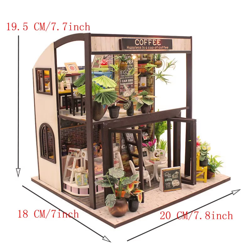 DIY 3D Puzzles Wooden Toy Miniature Dollhouse Handmade Doll House Model Building Kits Coffee House Toys for Xmas Gifts
