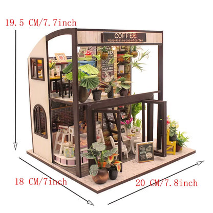 DIY 3D Puzzles Wooden Toy Miniature Dollhouse Handmade Doll House Model Building Kits Coffee House Toys for Xmas Gifts